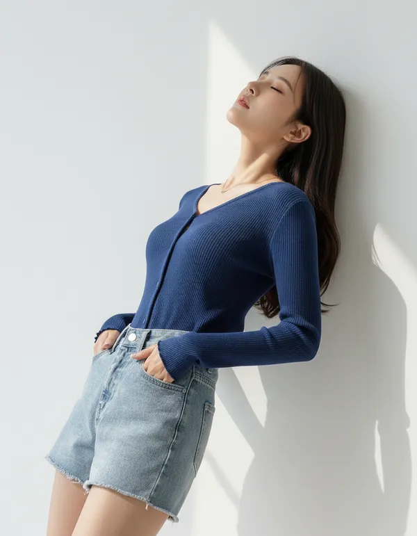Royal_Blue_Cotton_Rib_Knit_V-Neck_Top_For_Women