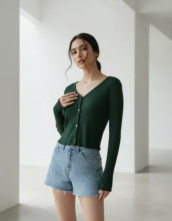 Bottle_Green_Cotton_Rib_Knit_V-Neck_Ribbed_Top_For_Women