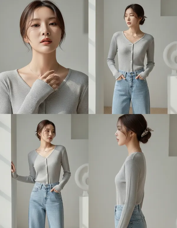 Grey_Cotton_Rib_Knit_V-Neck_Ribbed_Top_For_Women
