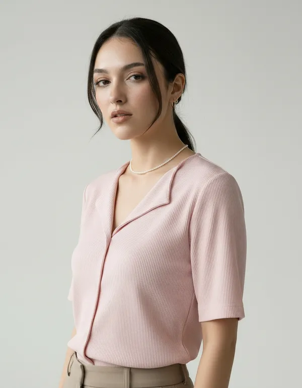 Light_Peach_Cotton_Rib_Knit_Half_Sleeve_Polo_Top_For_Women