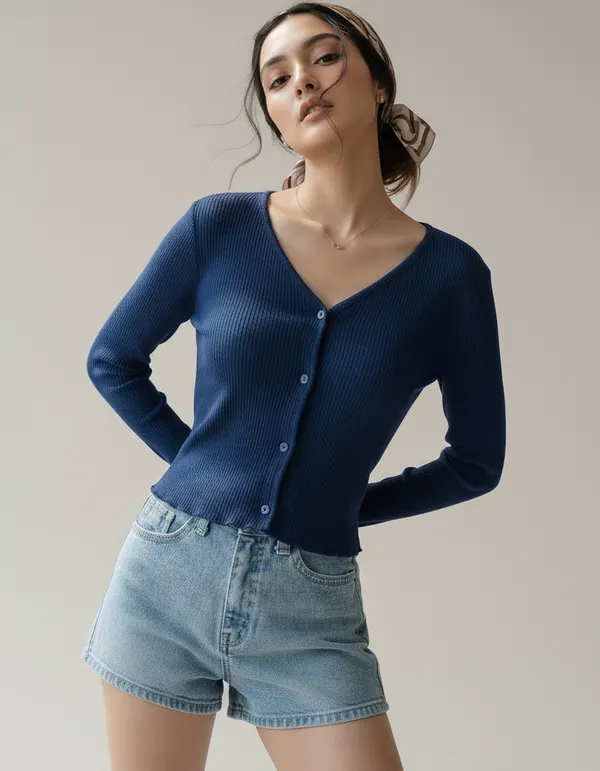 Royal_Blue_Cotton_Rib_Knit_V-Neck_Top_For_Women