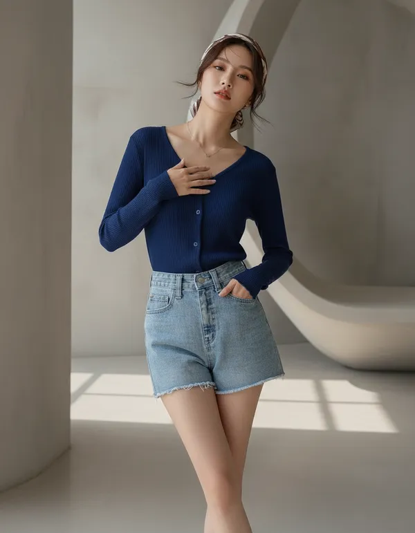Royal_Blue_Cotton_Rib_Knit_V-Neck_Top_For_Women