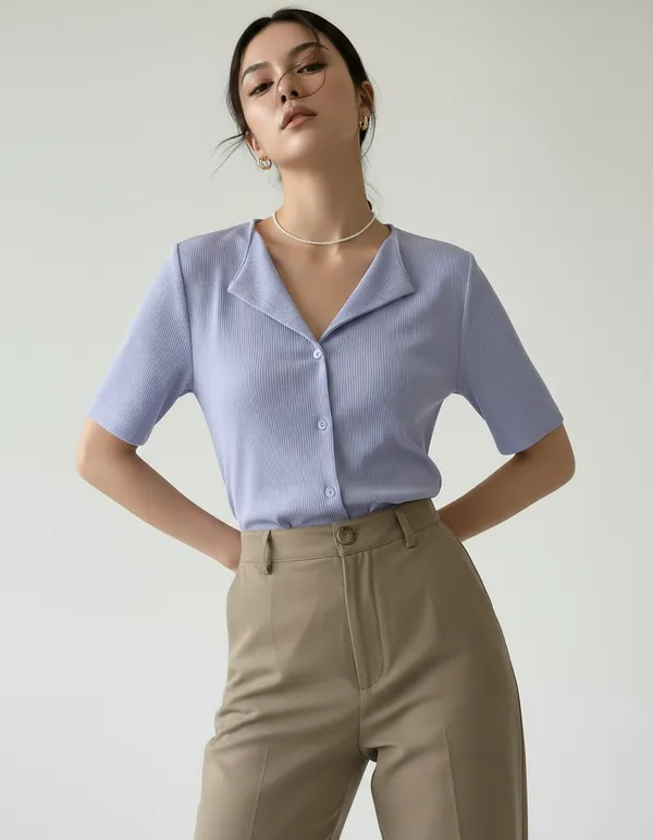 Lavender_Blue_Cotton_Rib_Knit_Half_Sleeve_Polo_Top_For_Women