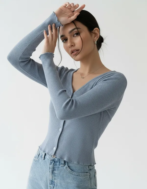 Blue_Grey_Cotton_Rib_Knit_V-Neck_Ribbed_Top_For_Women