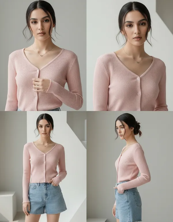 Light_Peach_Cotton_Rib_Knit_V-Neck_Ribbed_Top_For_Women