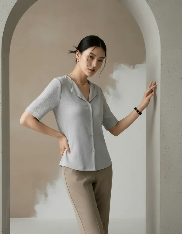 Light_Grey_Cotton_Rib_Knit_Half_Sleeve_Polo_Top_For_Women
