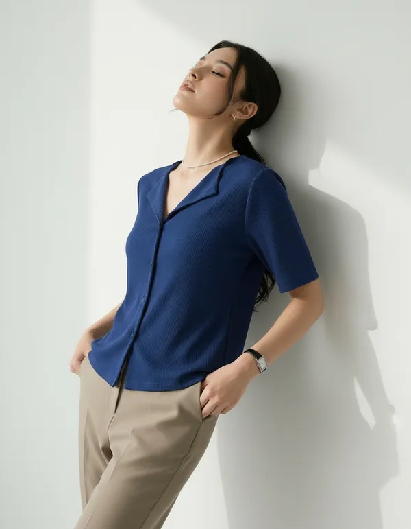 Royal_Blue_Cotton_Rib_Knit_Half_Sleeve_Polo_Top_For_Women