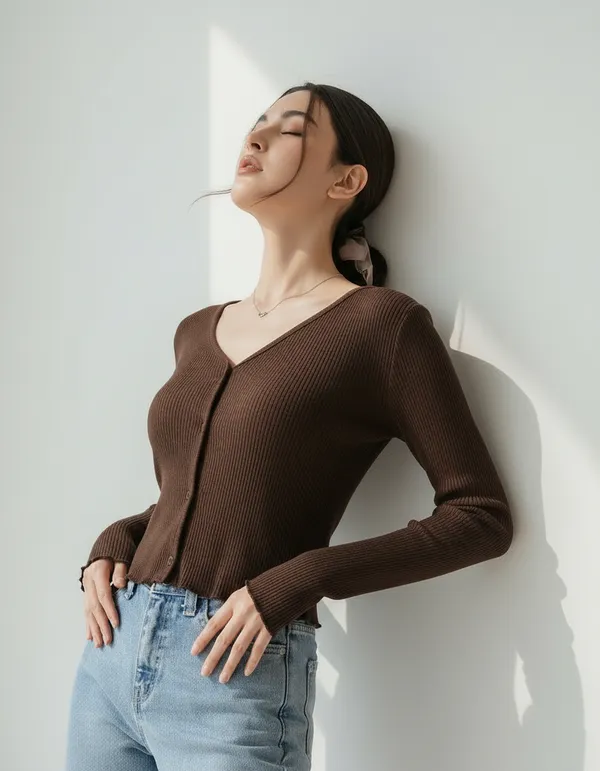 Brown_Cotton_Rib_Knit_V-Neck_Top_For_Women