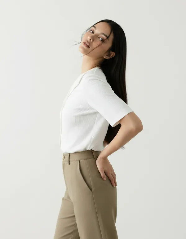 White_Cotton_Rib_Knit_Half_Sleeve_Polo_Top_For_Women