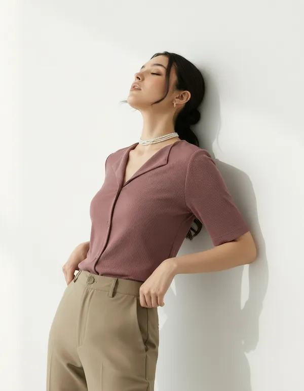 Dusty_Peach_Cotton_Rib_Knit_Half_Sleeve_Polo_Top_For_Women
