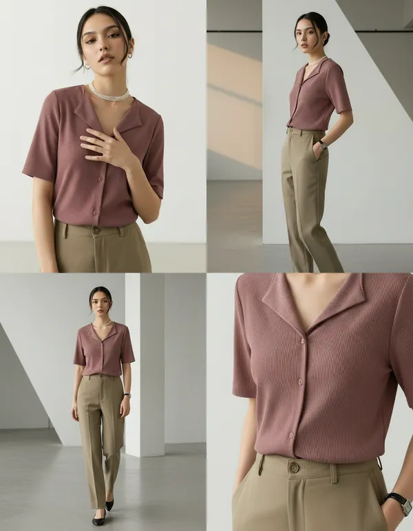 Dusty_Peach_Cotton_Rib_Knit_Half_Sleeve_Polo_Top_For_Women