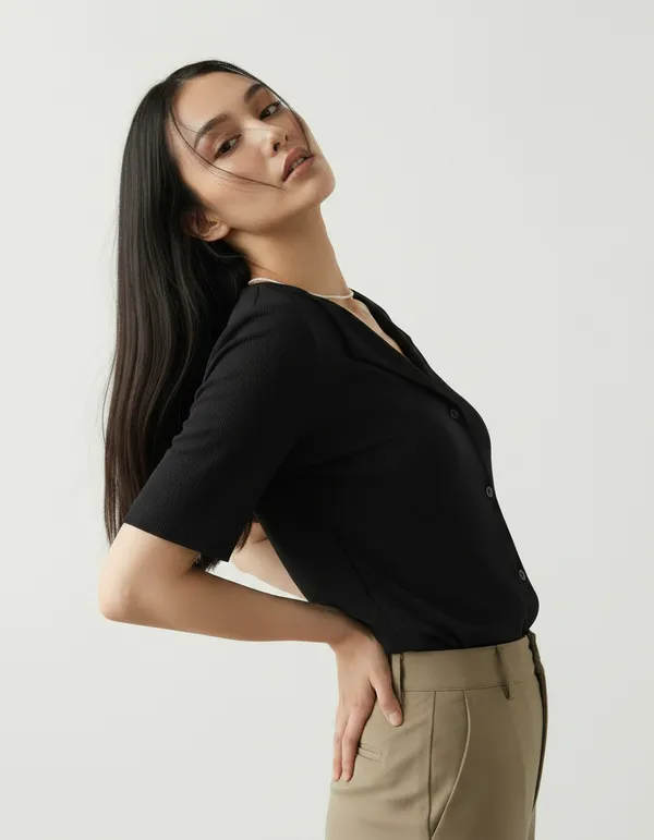 Black_Cotton_Rib_Knit_Half_Sleeve_Polo_Top_For_Women