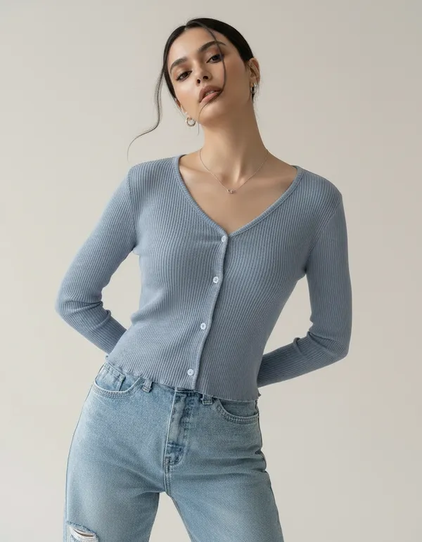 Blue_Grey_Cotton_Rib_Knit_V-Neck_Ribbed_Top_For_Women