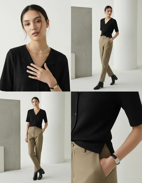 Black_Cotton_Rib_Knit_Half_Sleeve_Polo_Top_For_Women