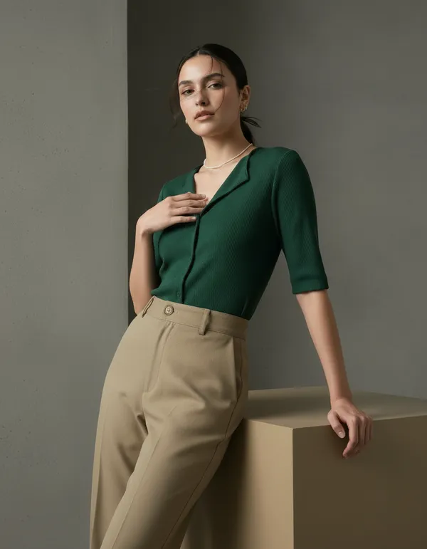 Bottle_Green_Cotton_Rib_Knit_Half_Sleeve_Polo_Top_For_Women
