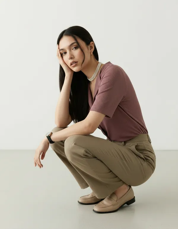 Dusty_Peach_Cotton_Rib_Knit_Half_Sleeve_Polo_Top_For_Women
