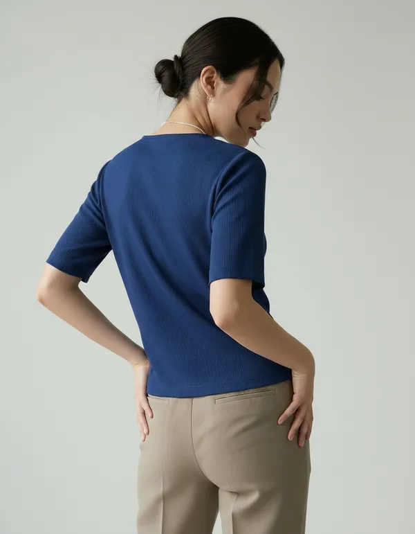 Royal_Blue_Cotton_Rib_Knit_Half_Sleeve_Polo_Top_For_Women