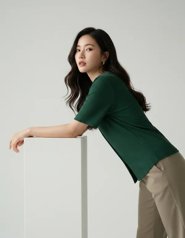 Bottle_Green_Cotton_Rib_Knit_Half_Sleeve_Polo_Top_For_Women