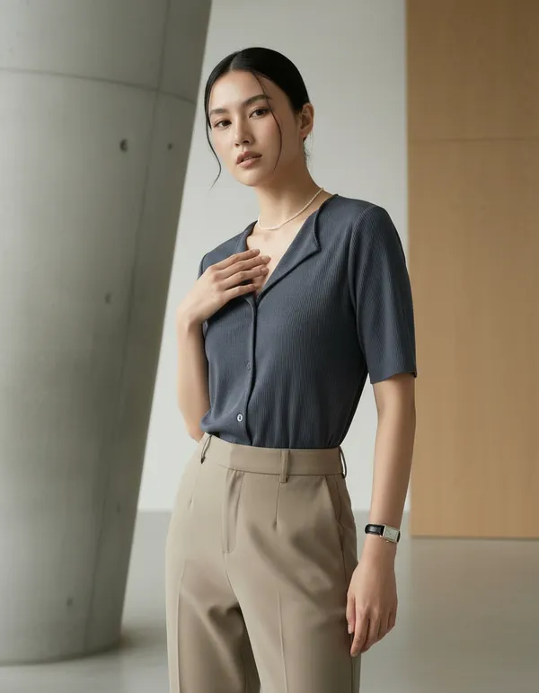 Dark_Grey_Cotton_Rib_Knit_Half_Sleeve_Polo_Top_For_Women