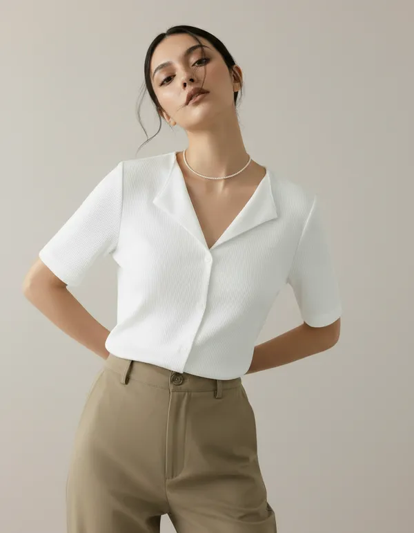 White_Cotton_Rib_Knit_Half_Sleeve_Polo_Top_For_Women