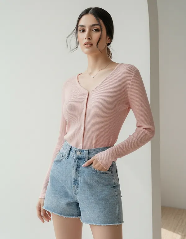 Light_Peach_Cotton_Rib_Knit_V-Neck_Ribbed_Top_For_Women