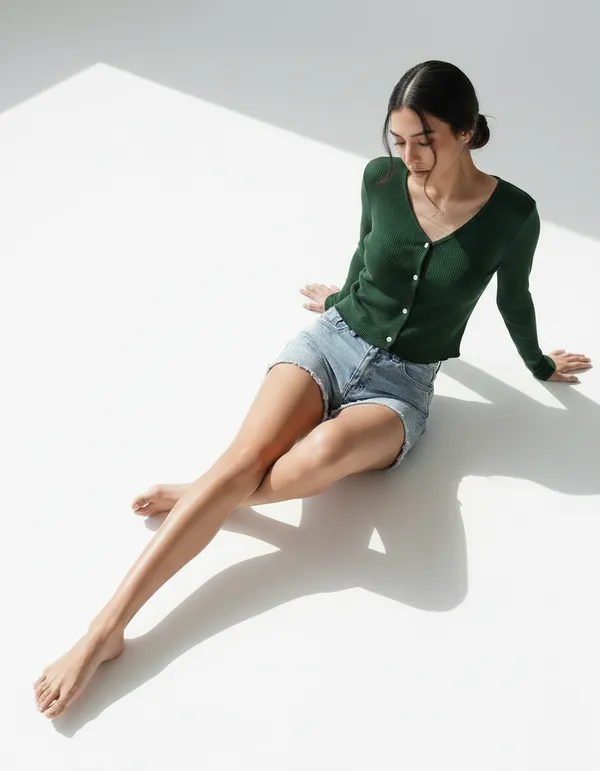 Bottle_Green_Cotton_Rib_Knit_V-Neck_Ribbed_Top_For_Women