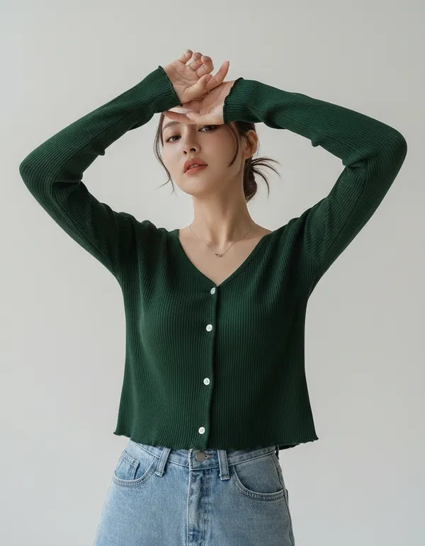 Bottle_Green_Cotton_Rib_Knit_V-Neck_Ribbed_Top_For_Women