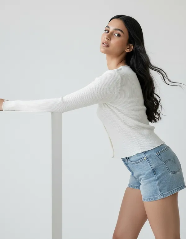 White_Cotton_Rib_Knit_V-Neck_Ribbed_Top_For_Women