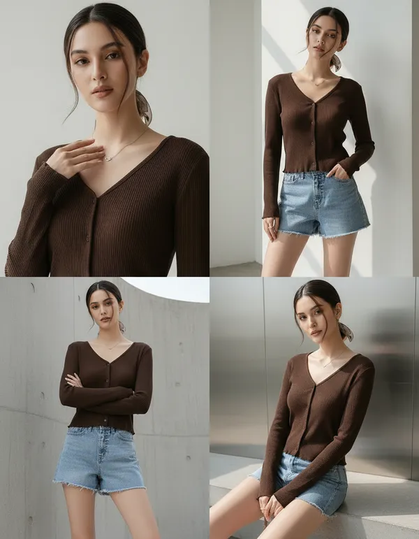 Brown_Cotton_Rib_Knit_V-Neck_Top_For_Women
