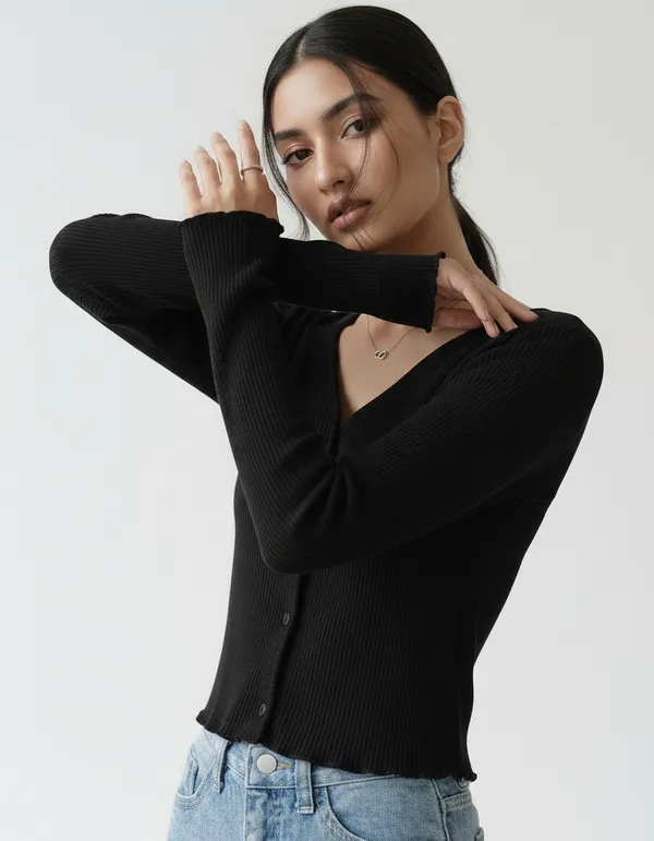 Black_Cotton_Rib_Knit_V-Neck_Ribbed_Top_For_Women