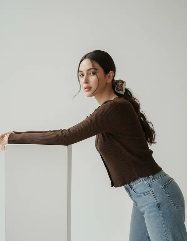 Brown_Cotton_Rib_Knit_V-Neck_Top_For_Women