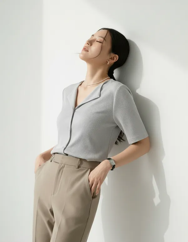 Light_Grey_Cotton_Rib_Knit_Half_Sleeve_Polo_Top_For_Women