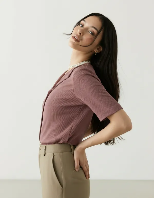 Dusty_Peach_Cotton_Rib_Knit_Half_Sleeve_Polo_Top_For_Women