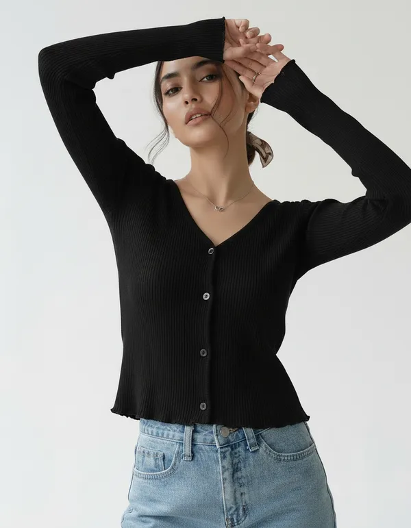 Black_Cotton_Rib_Knit_V-Neck_Ribbed_Top_For_Women