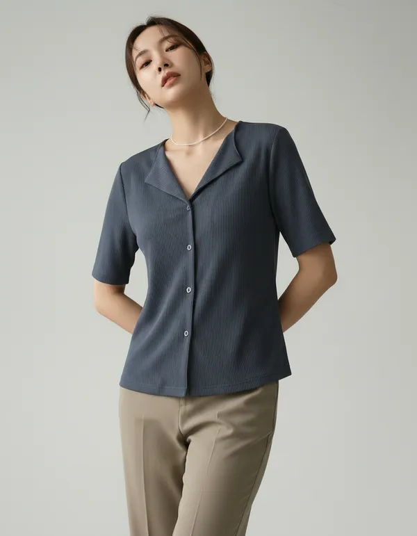 Dark_Grey_Cotton_Rib_Knit_Half_Sleeve_Polo_Top_For_Women