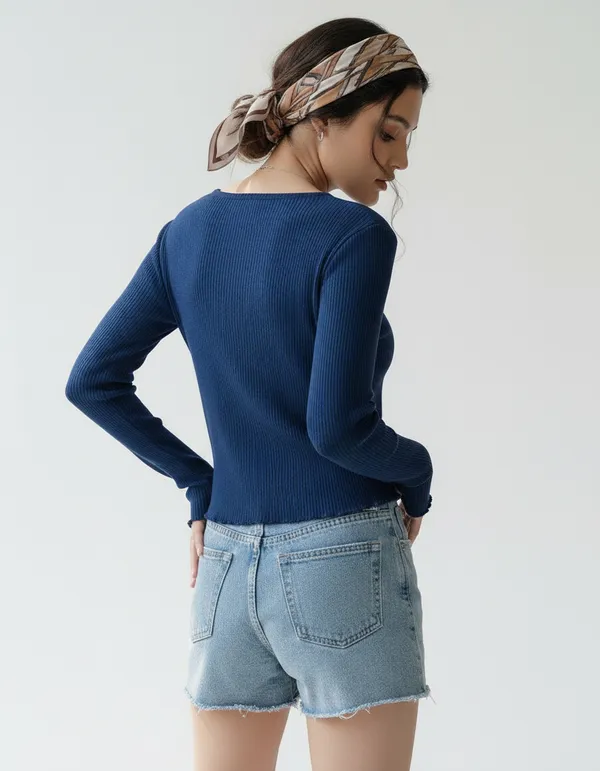 Royal_Blue_Cotton_Rib_Knit_V-Neck_Top_For_Women