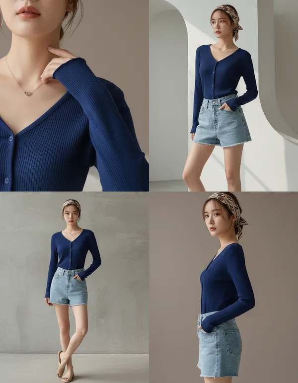 Royal_Blue_Cotton_Rib_Knit_V-Neck_Top_For_Women