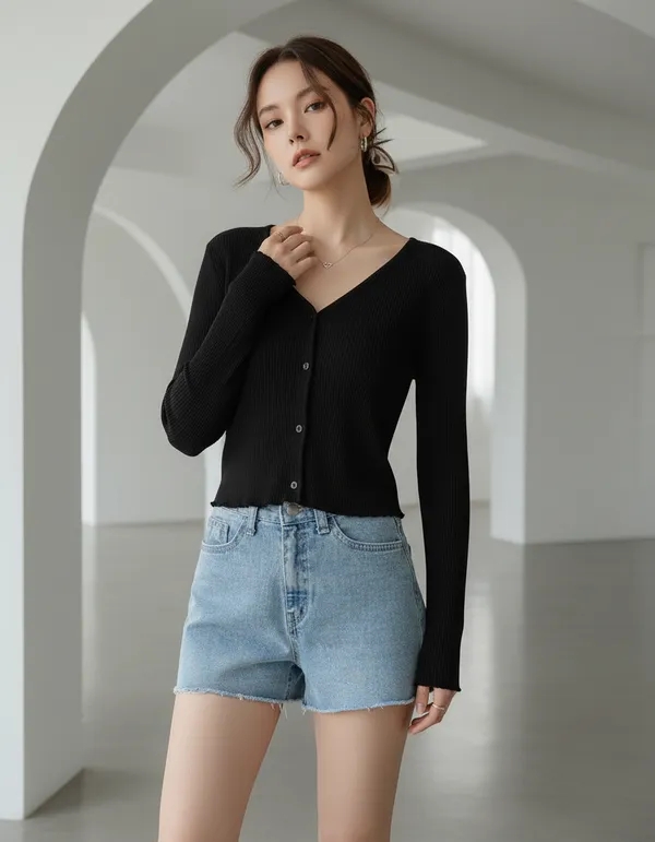 Black_Cotton_Rib_Knit_V-Neck_Ribbed_Top_For_Women