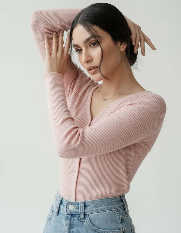 Light_Peach_Cotton_Rib_Knit_V-Neck_Ribbed_Top_For_Women