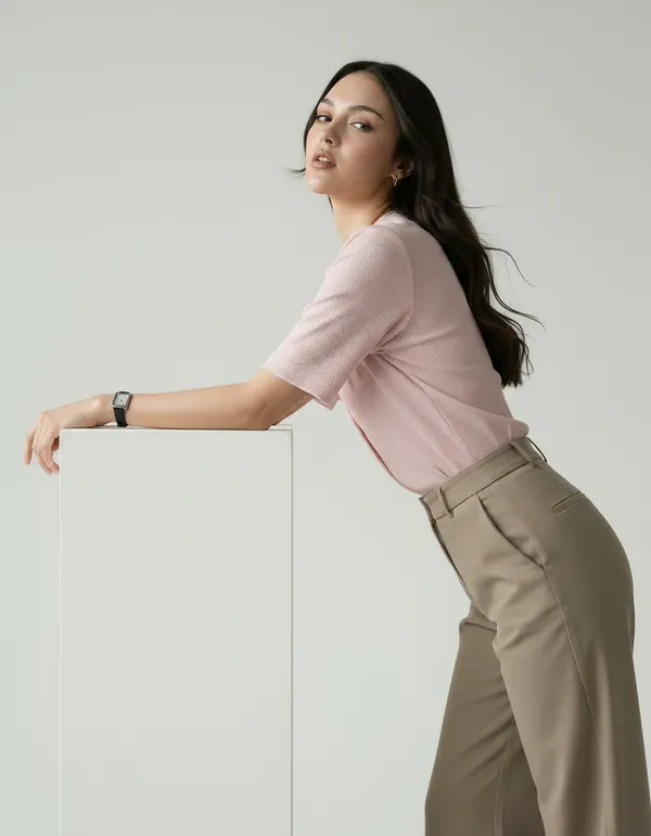 Light_Peach_Cotton_Rib_Knit_Half_Sleeve_Polo_Top_For_Women
