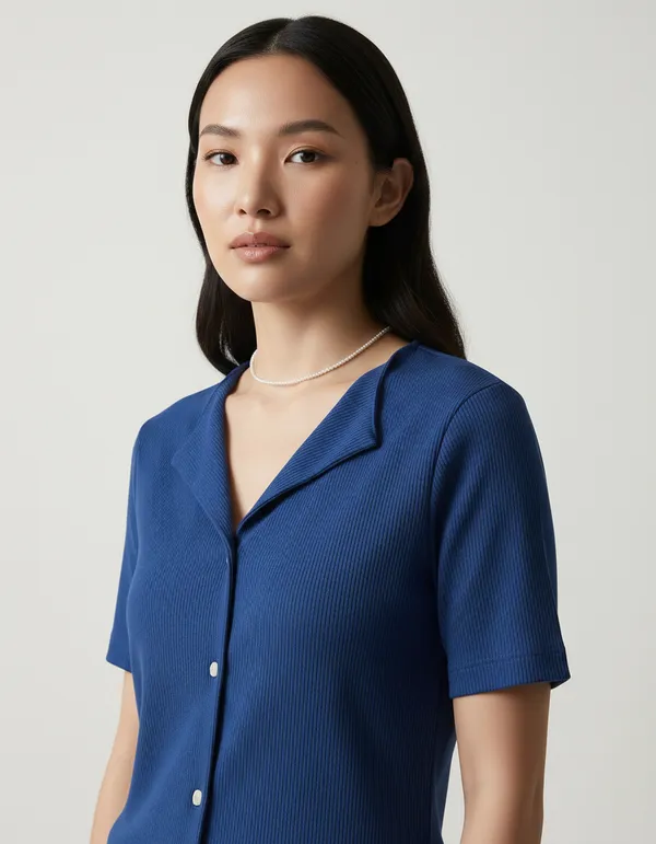 Royal_Blue_Cotton_Rib_Knit_Half_Sleeve_Polo_Top_For_Women