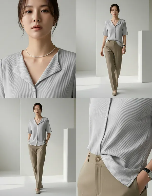 Light_Grey_Cotton_Rib_Knit_Half_Sleeve_Polo_Top_For_Women