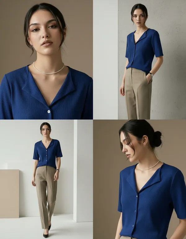 Royal_Blue_Cotton_Rib_Knit_Half_Sleeve_Polo_Top_For_Women