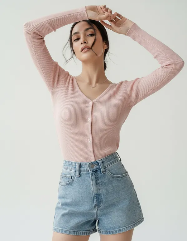 Light_Peach_Cotton_Rib_Knit_V-Neck_Ribbed_Top_For_Women
