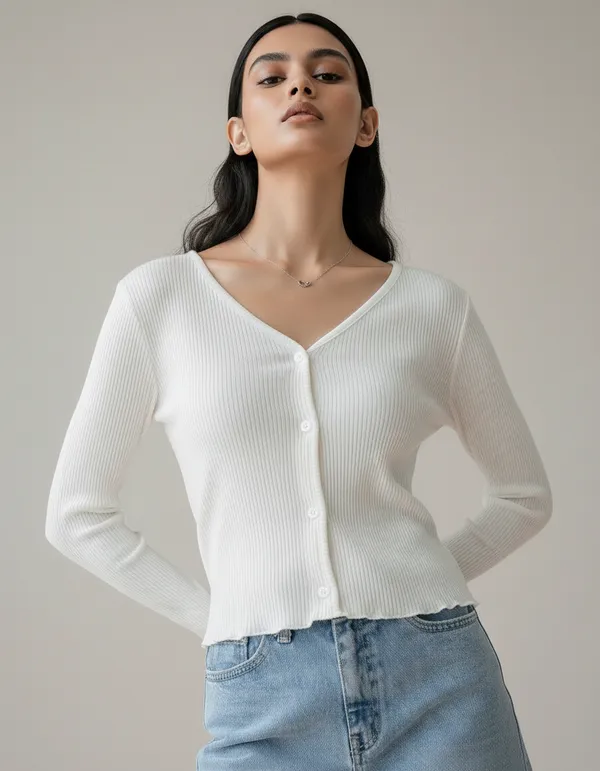White_Cotton_Rib_Knit_V-Neck_Ribbed_Top_For_Women