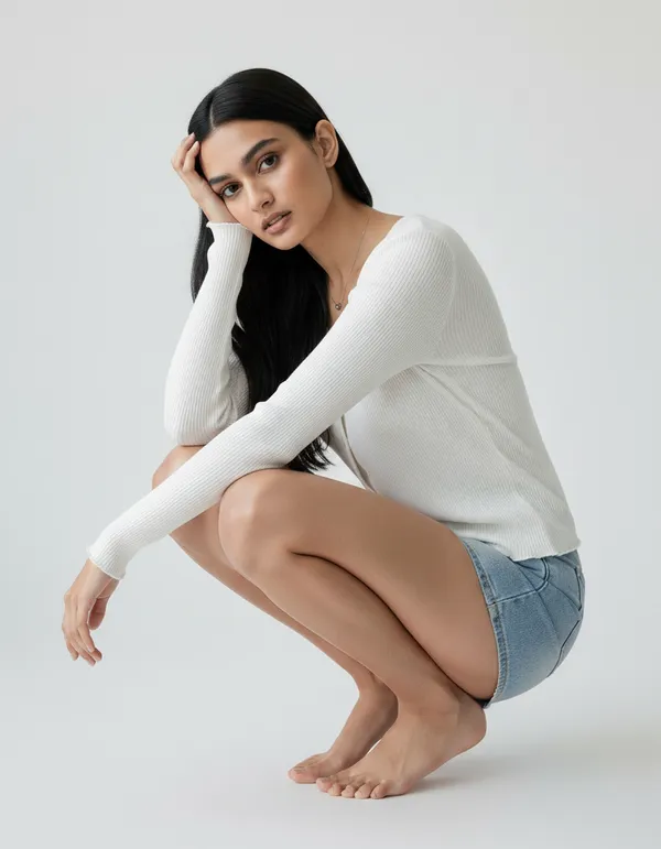 White_Cotton_Rib_Knit_V-Neck_Ribbed_Top_For_Women