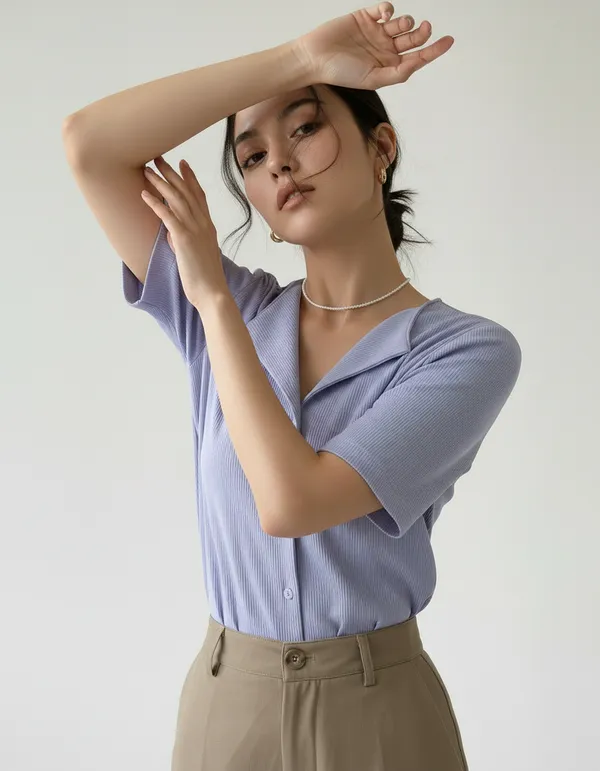 Lavender_Blue_Cotton_Rib_Knit_Half_Sleeve_Polo_Top_For_Women