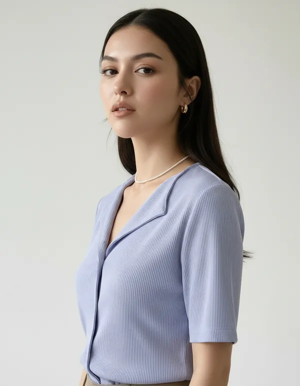 Lavender_Blue_Cotton_Rib_Knit_Half_Sleeve_Polo_Top_For_Women