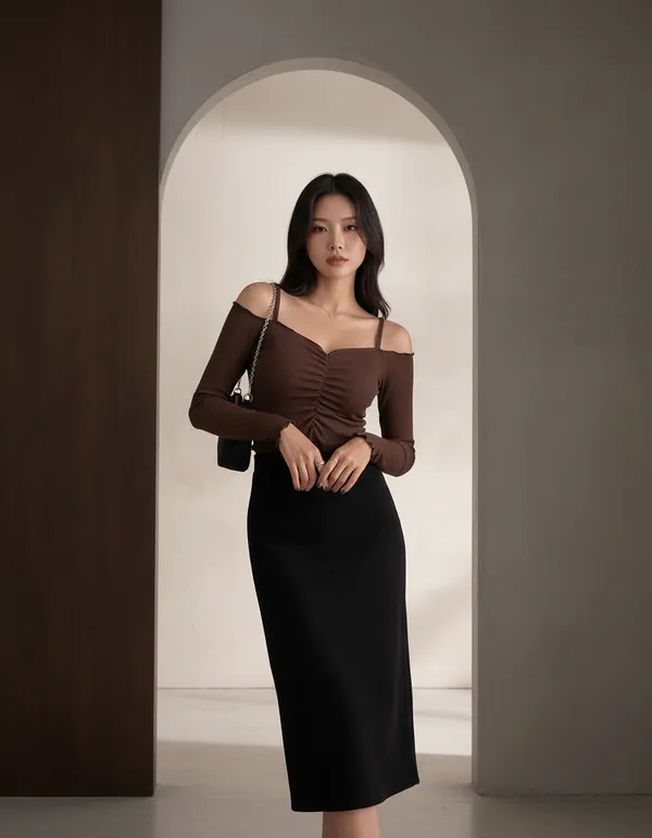 Brown_Cotton_Rib_Knit_Fitted_Off-Shoulder_Top_For_Women