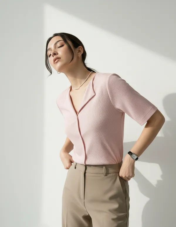 Light_Peach_Cotton_Rib_Knit_Half_Sleeve_Polo_Top_For_Women